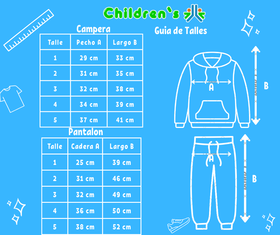 Guia de talles ConjuntosPlus Campera Bordada 83 y Panatalon Sin Pie