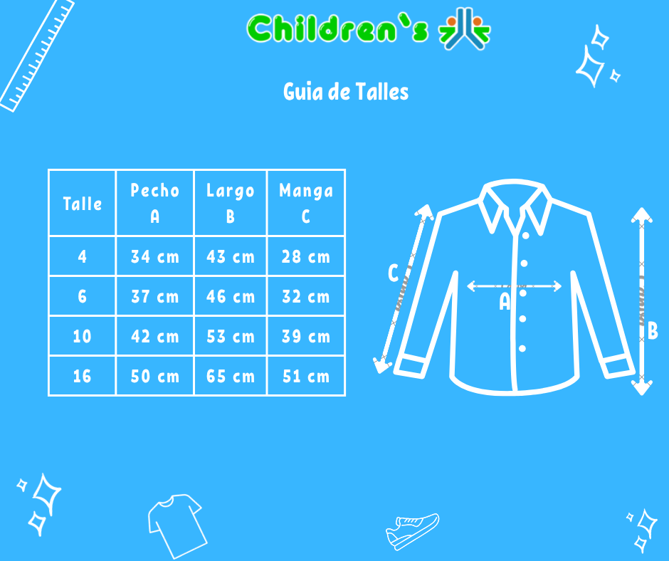 Guia de talles Camisa Manga Larga Cuadros Con Dibujo Bordado