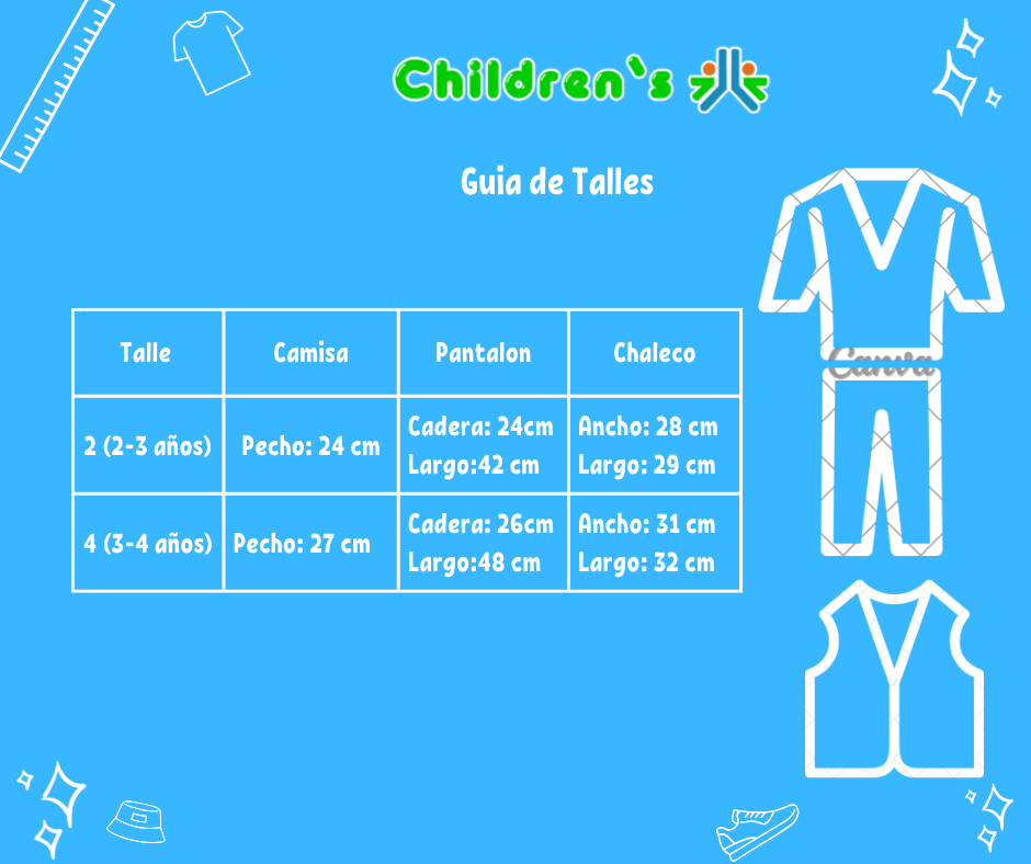 Guia de talles Conjunto Chaleco Camisa Pantalón Y Corbata