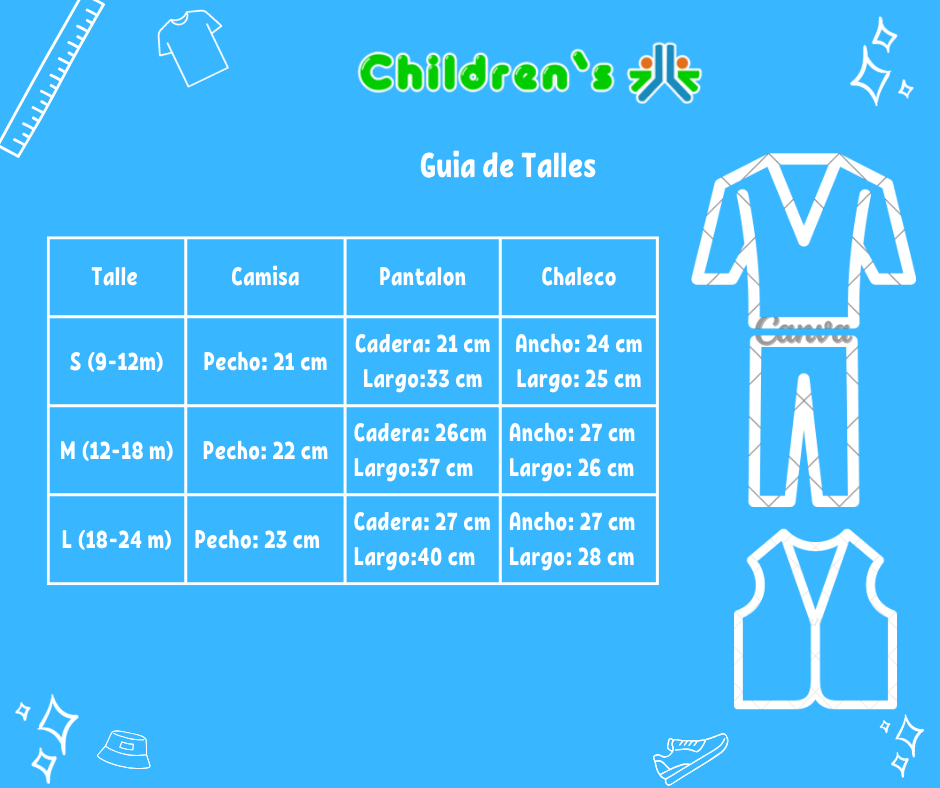 Guia de talles Conjunto Chaleco Camisa Pantalon Y Moño