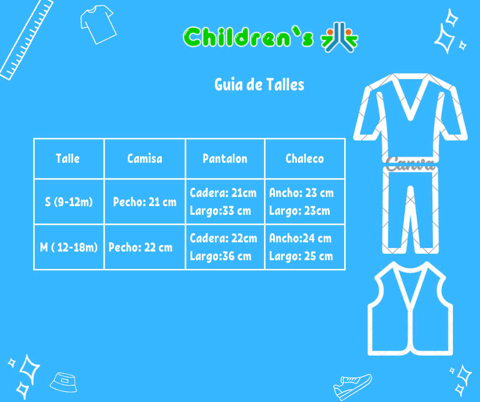 Guia de talles Conjunto Chaleco Camisa Y Pantalon