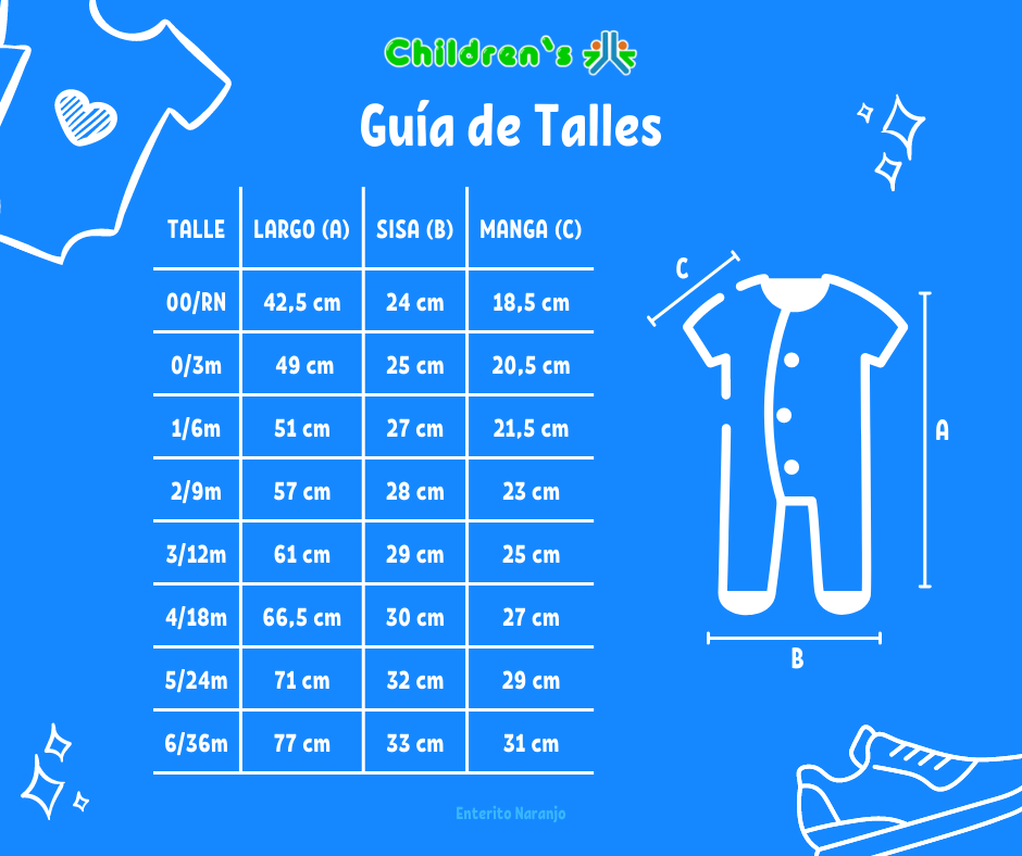 Guia de talles Enterito Manga Larga Cuello Mao Con Pie Estampado