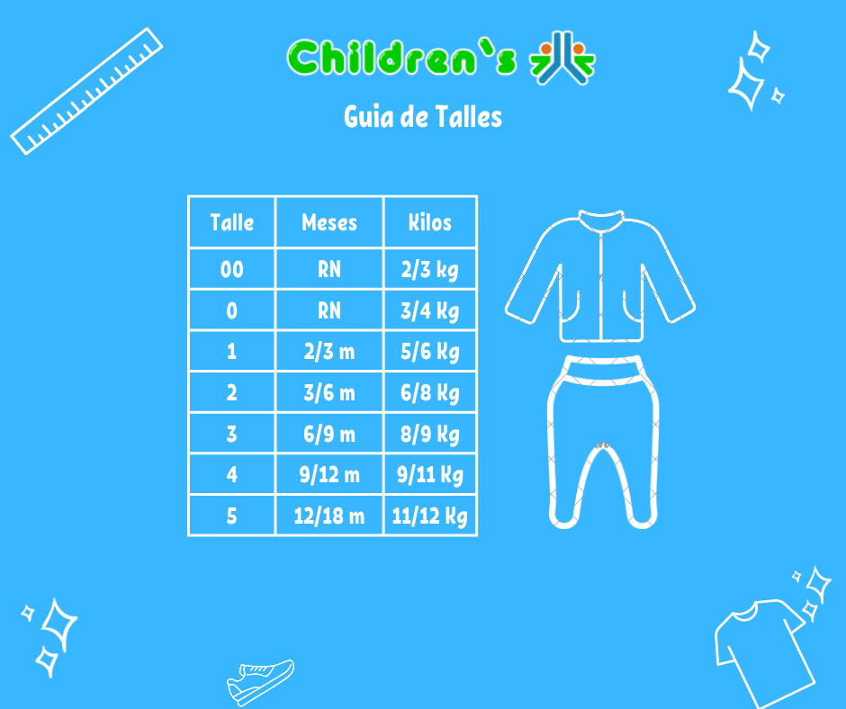 Guia de talles Conjunto Ajuar Set Nacimiento 6 Piezas Manga Larga Manopla Gorro Babero Batita Medio Osito Babita