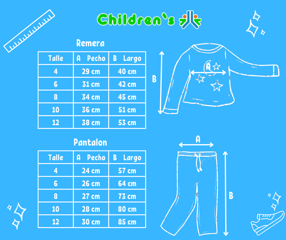 Guia de talles Pijama Bremer Invierno Remera Manga Larga y Pantalon
