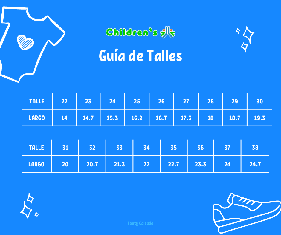 Guia de talles Zapatillas Frozen Velcro - Luz Al Pisar - Luces