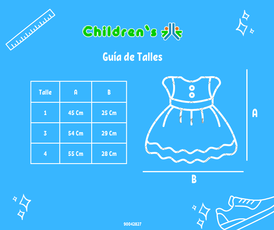 Guia de talles Vestido de Bautismo con Flores aplicadas en Pechera Mangas Cortas