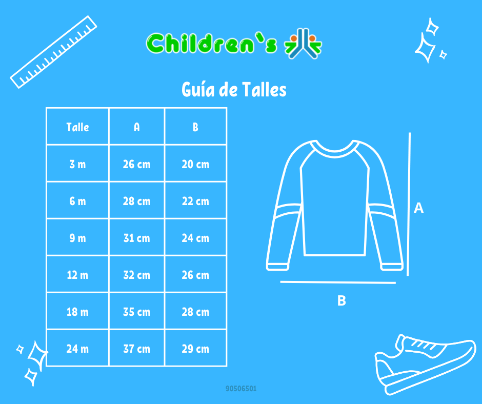 Guia de talles Remera manga larga con broche en el cuello estampado osito