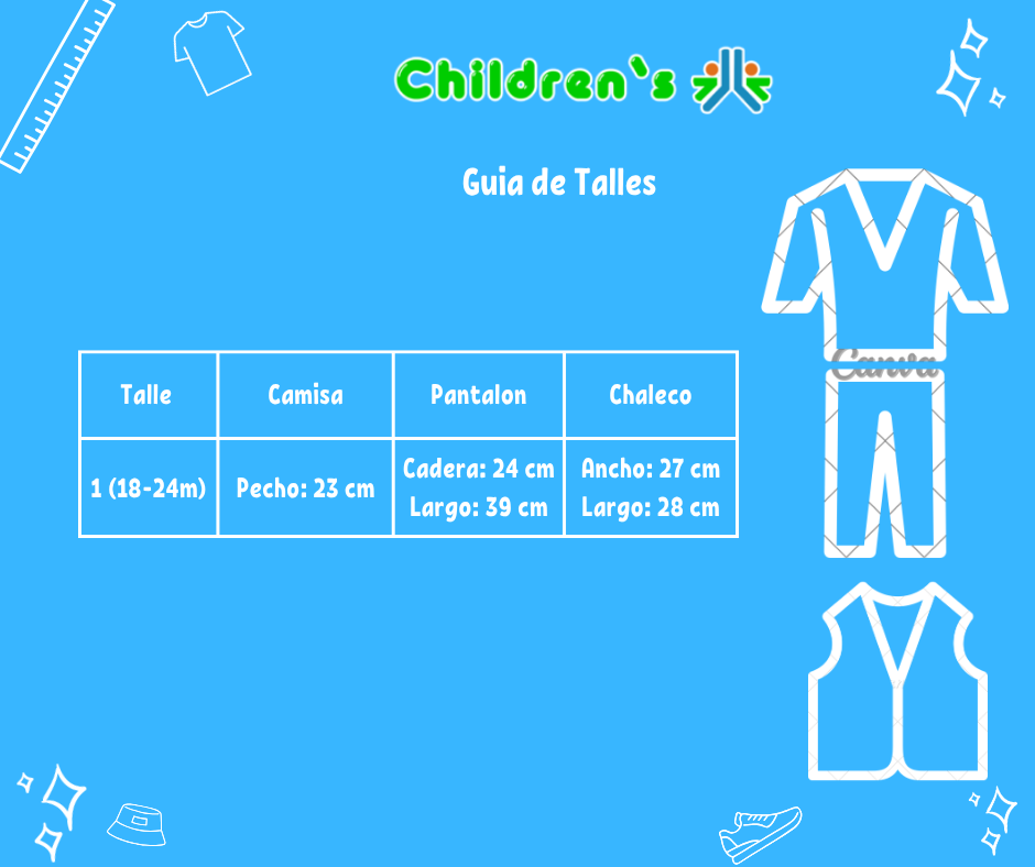 Guia de talles Conjunto Chaleco Brocato, Camisa, Pantalon y moño