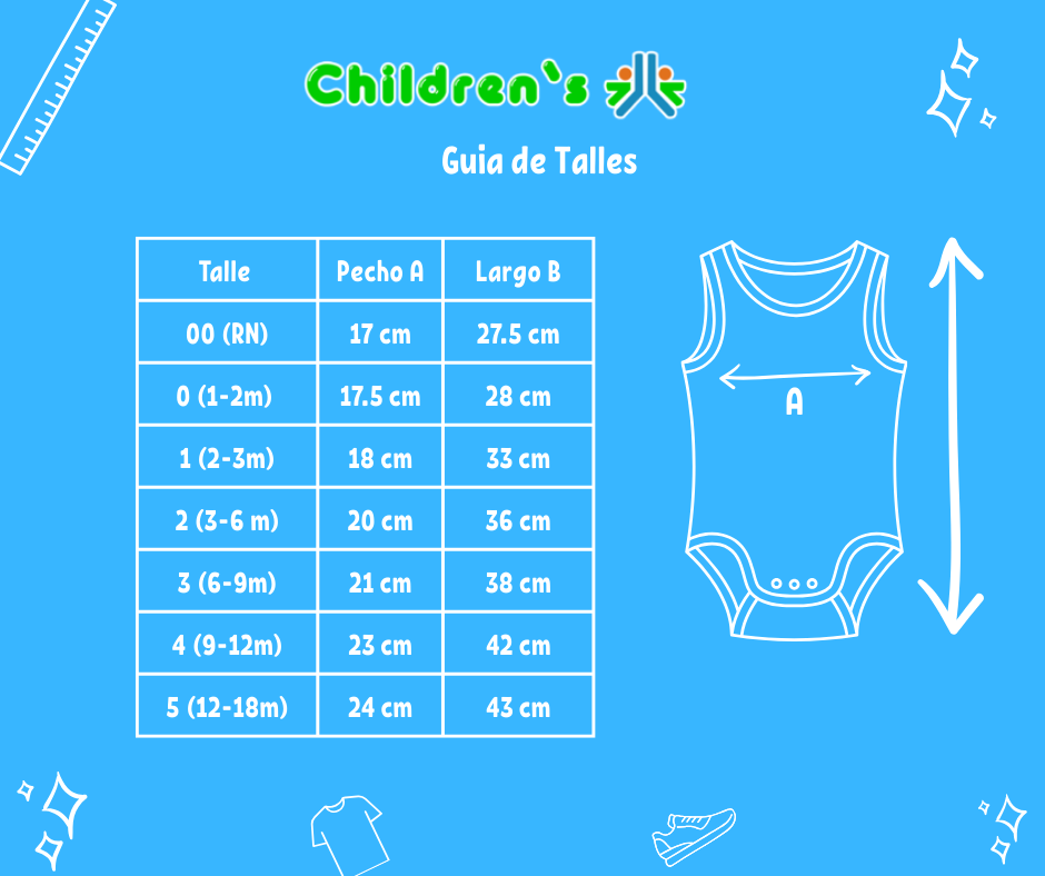 Guia de talles Body Pañalero Algodon Desagujado Sin Manga