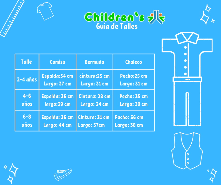 Guia de talles Conjunto Bautismo 3 Pieza Bermuda Camisa Manga Corta y Chaleco