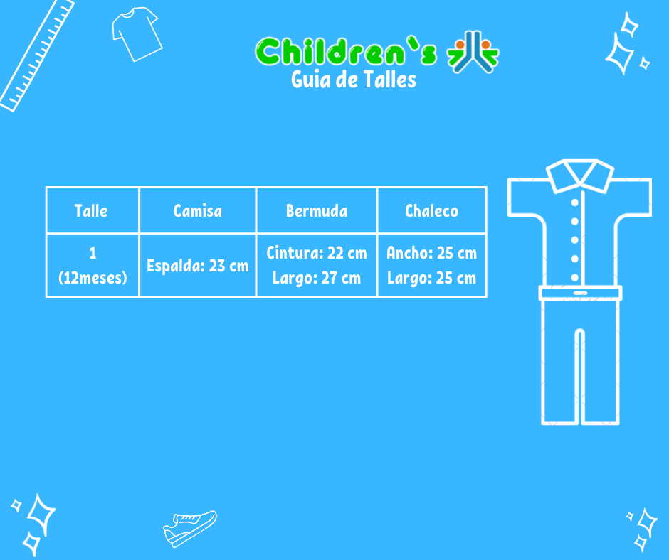 Guia de talles Conjunto Bautismo 3 pieza Bermuda Camisa y Chaleco