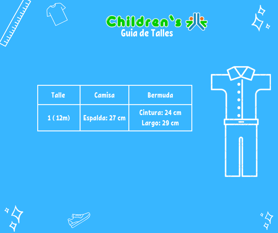 Guia de talles Conjunto Bautismo Bermuda Con Tiradores y Camisa Manga Corta