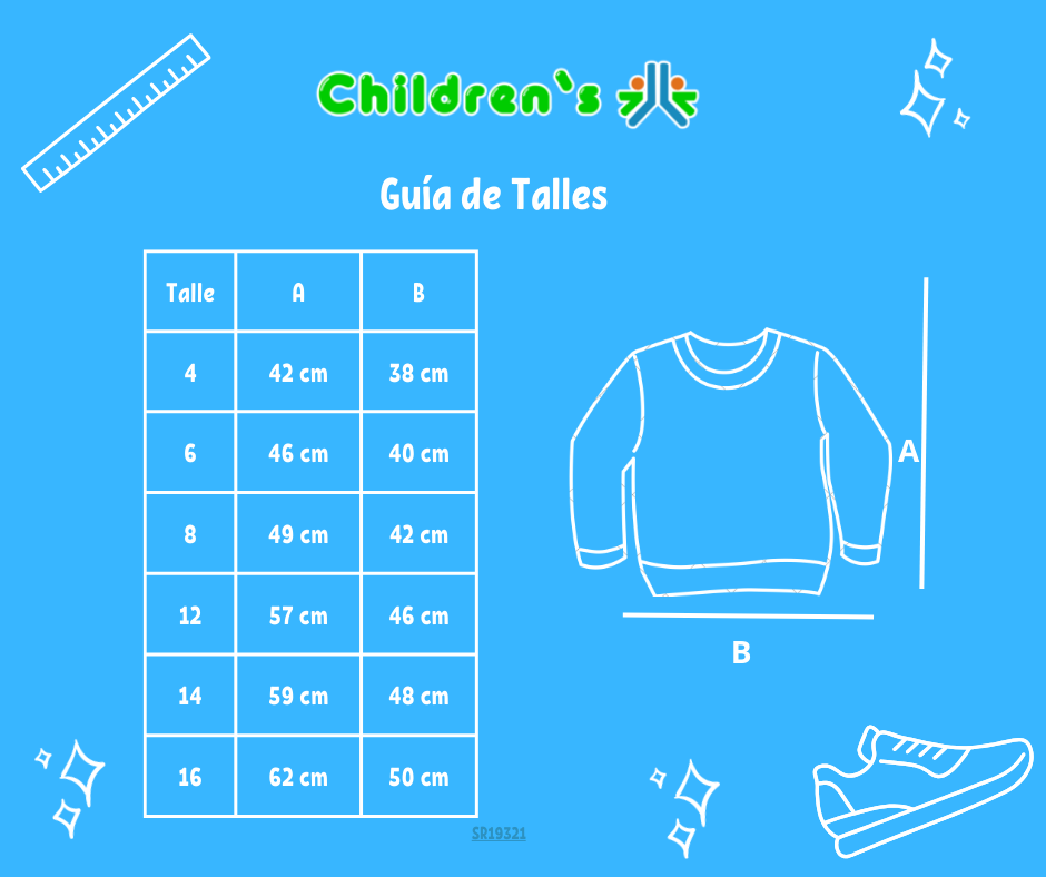 Guia de talles Buzo Frisa Estampado Buho Con Brillo