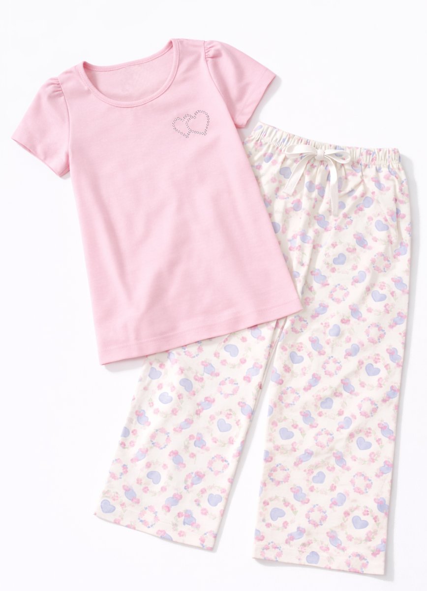 Pijama Nena Verano Manga Corta + Pantalon Largo rosa 2 corazones de tachas