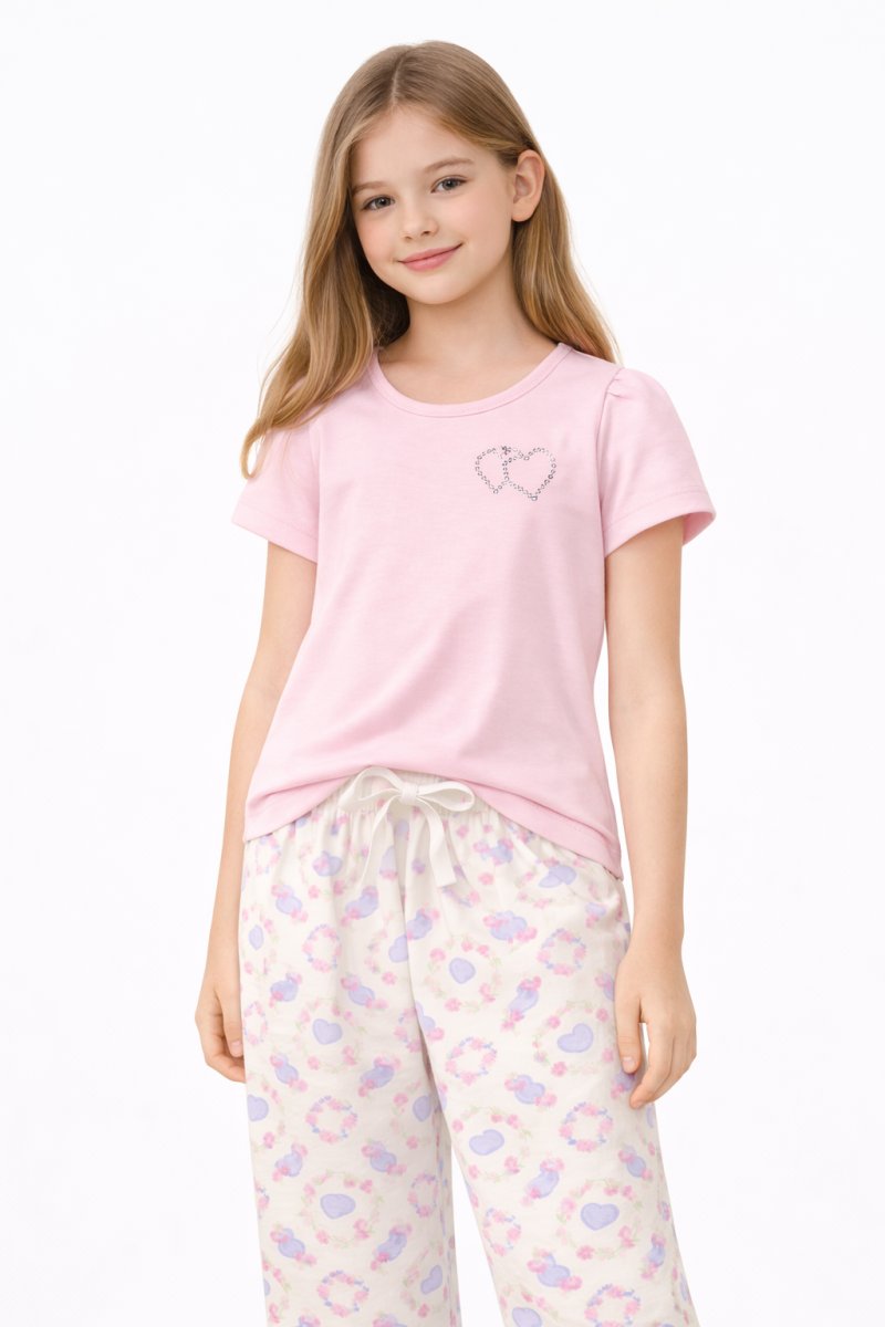 Pijama Nena Verano Manga Corta + Pantalon Largo rosa 2 corazones de tachas