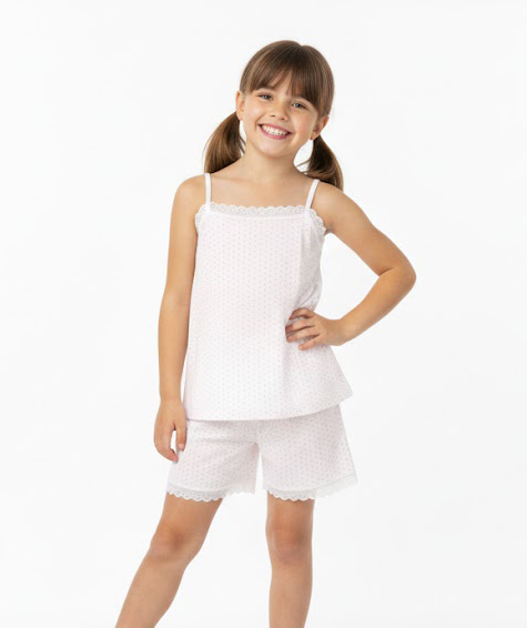 Pijama Verano Remera con Breteles y Short Estampado Lunares y Broderie