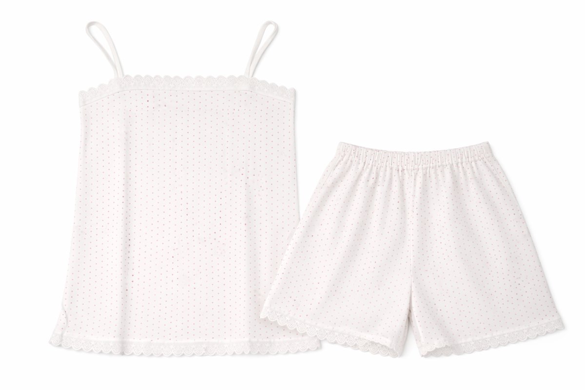 Pijama Verano Remera con Breteles y Short Estampado Lunares y Broderie