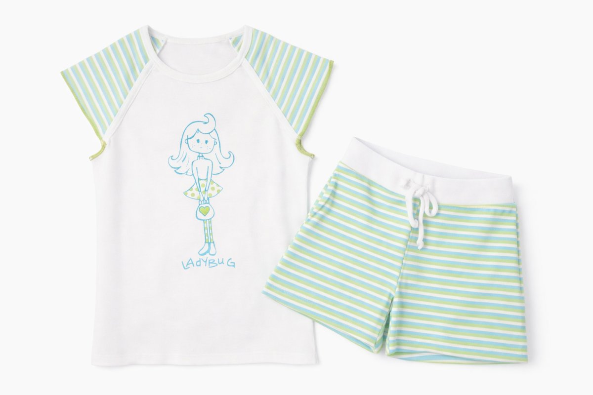 Pijama Verano Remera Manga Corta y Short Estampado Nena y Rayas