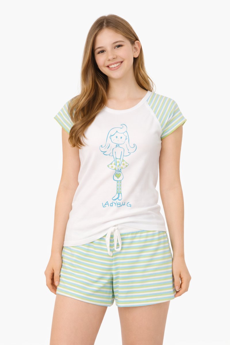 Pijama Verano Remera Manga Corta y Short Estampado Nena y Rayas