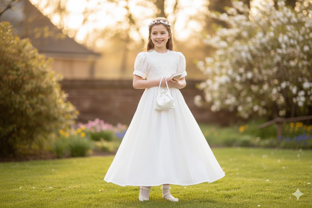 Vestido de comunion boton en manga con punto smock