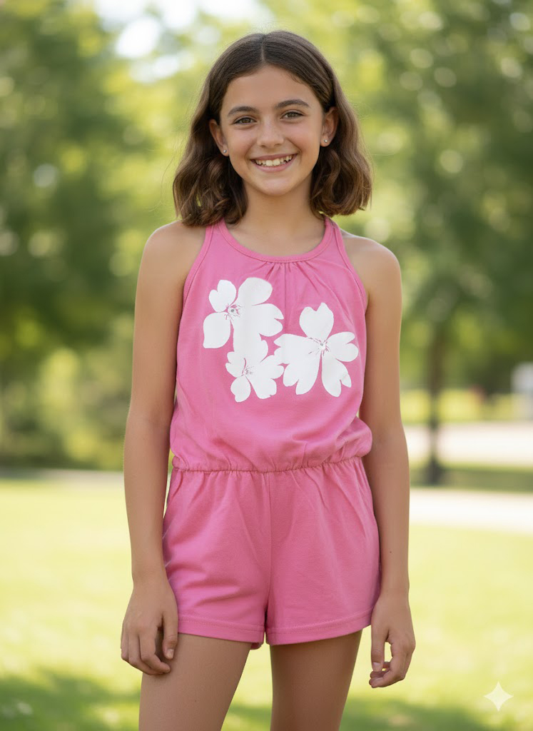 Enterito Mono Algodon Estampado Con Flores Y Strass