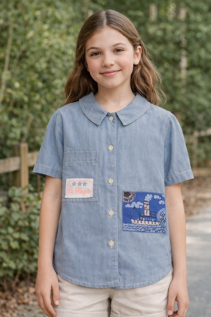 Camisa De Jean Manga Corta  Con Mariposo Bordada