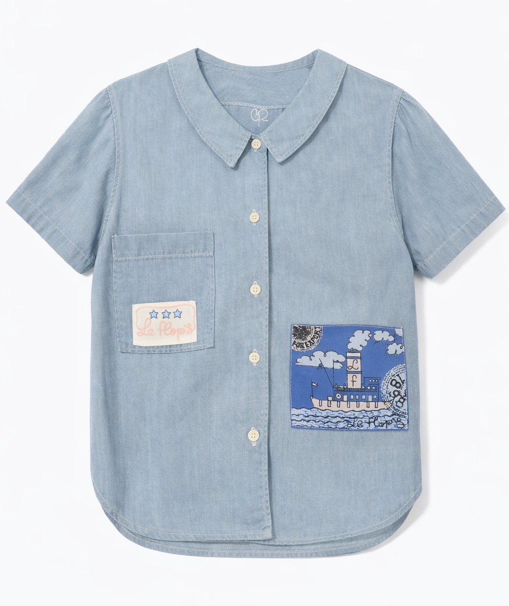 Camisa De Jean Manga Corta  Con Mariposo Bordada