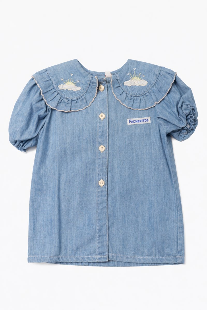 Camisa De Jean Con Cuello Baby Bordado Manga Corta