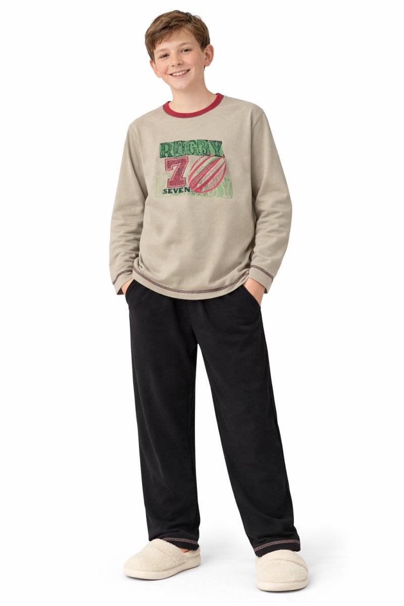 Pijama Invierno Remera Manga Larga Estampado Rugby 7 Pelota