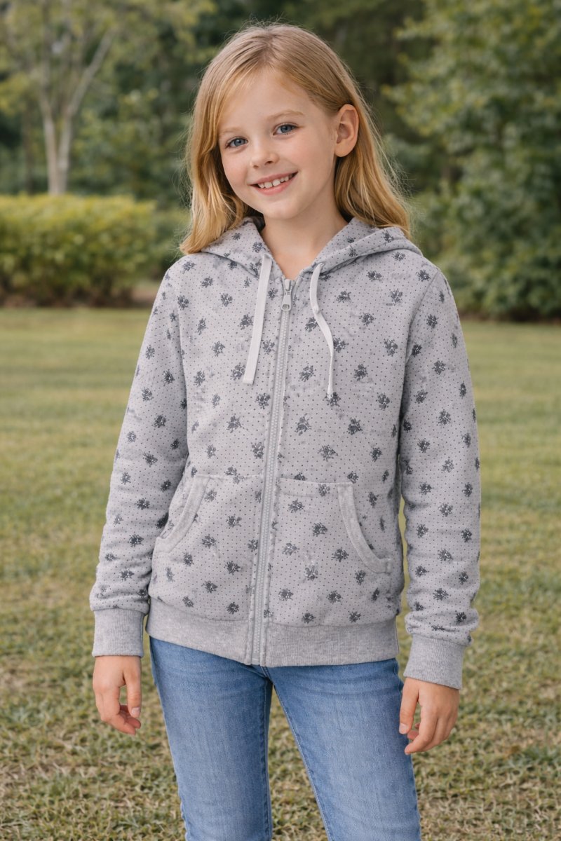 Campera Algodon Frizado Con Capucha y Volados Estampado Lunares y Flores