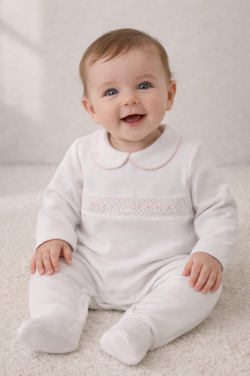 Enterito Manga Larga Con Pie Punto Smock Bordado A Mano