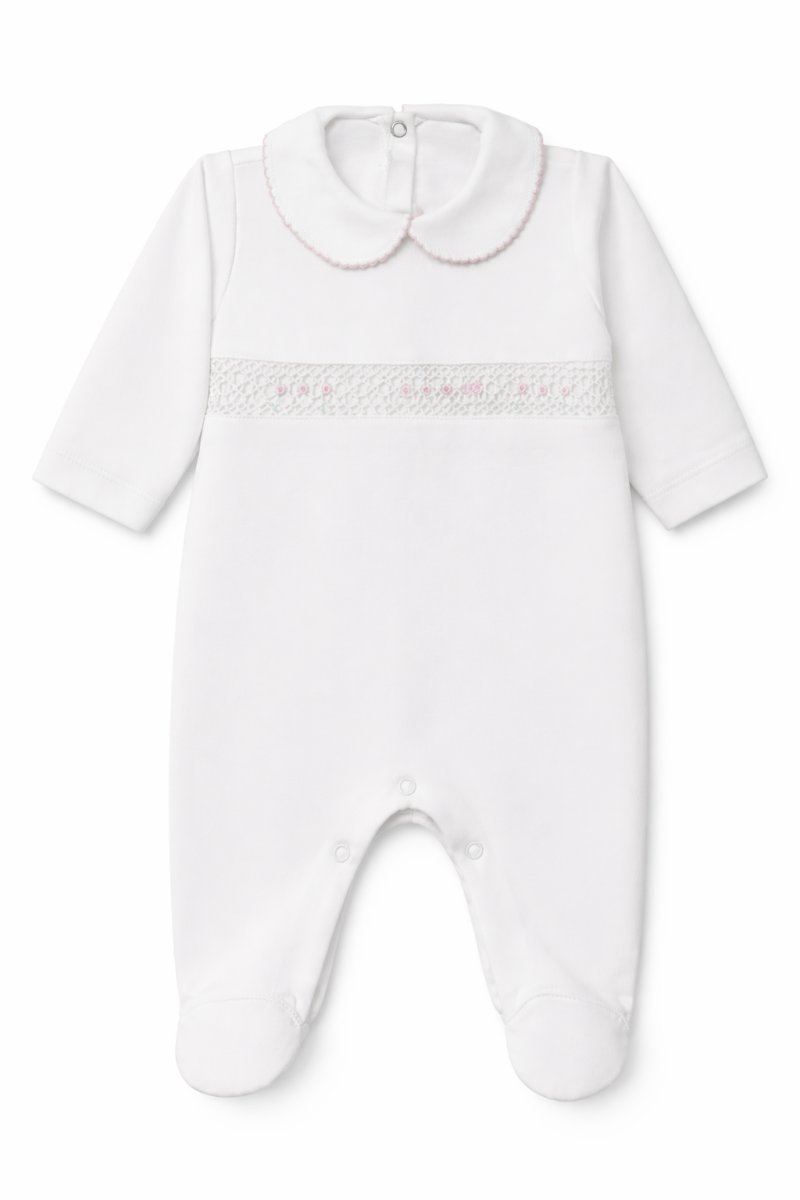 Enterito Manga Larga Con Pie Punto Smock Bordado A Mano