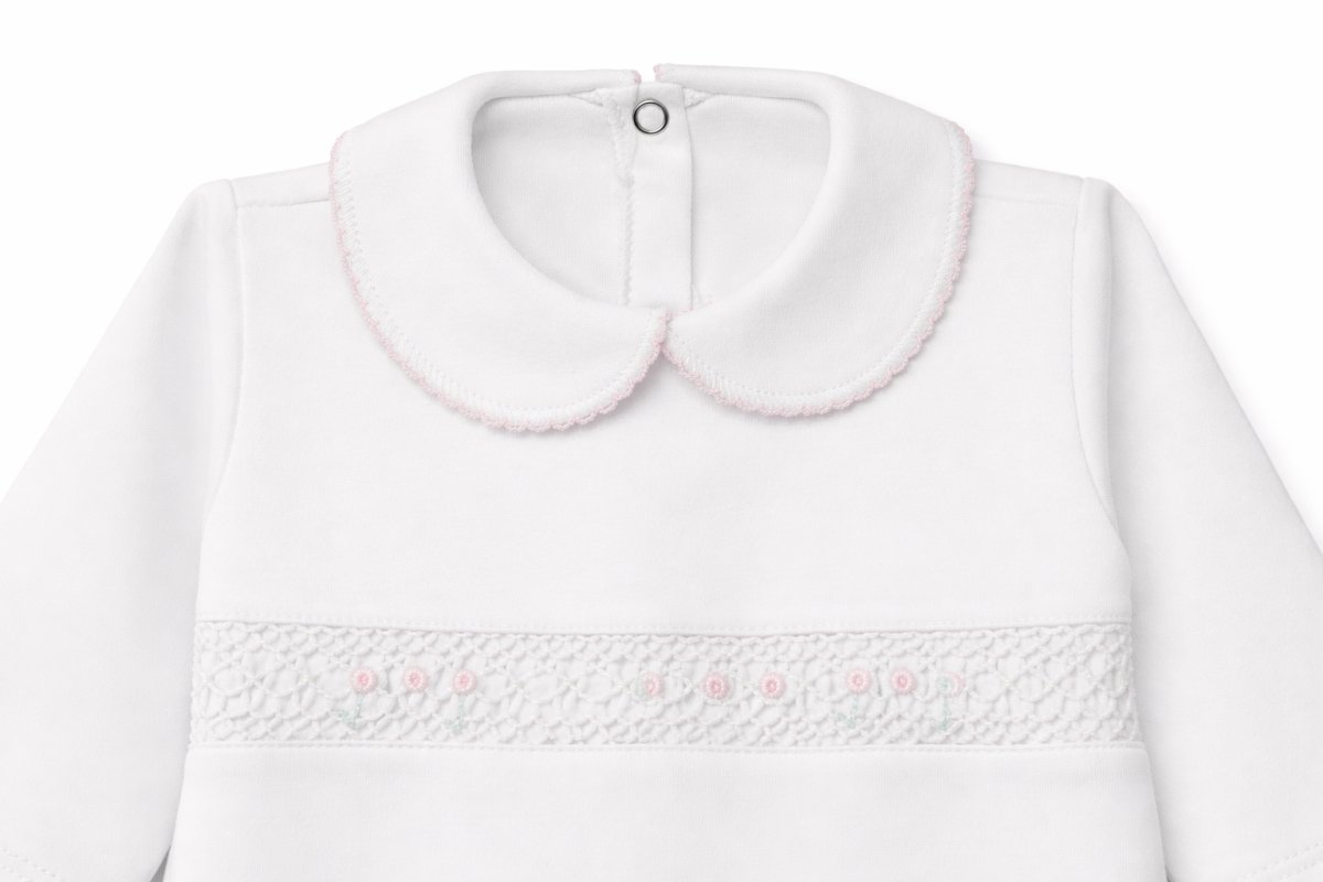 Enterito Manga Larga Con Pie Punto Smock Bordado A Mano