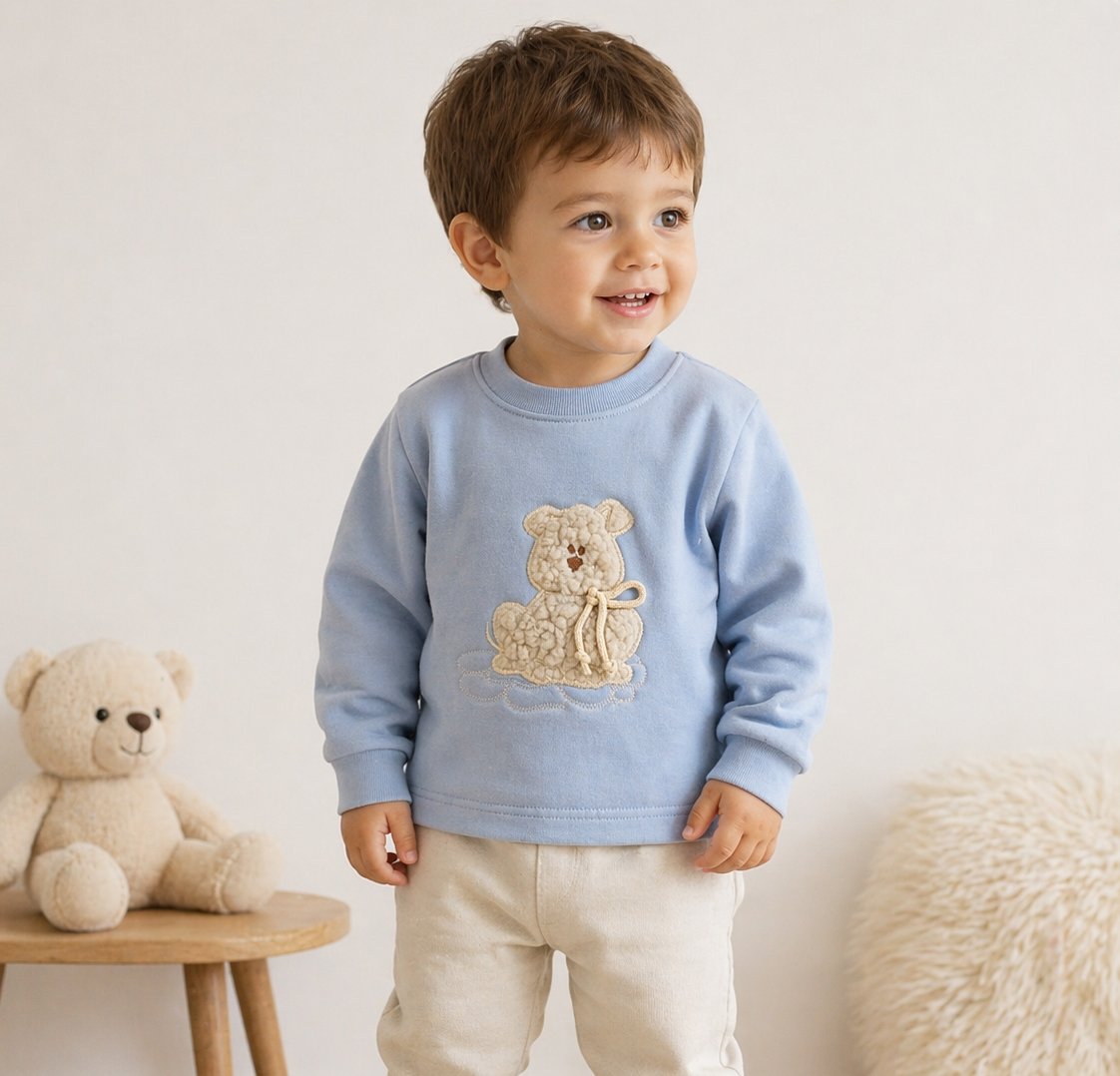 Buzo de Algodon Frizado Con Aplique de Oso