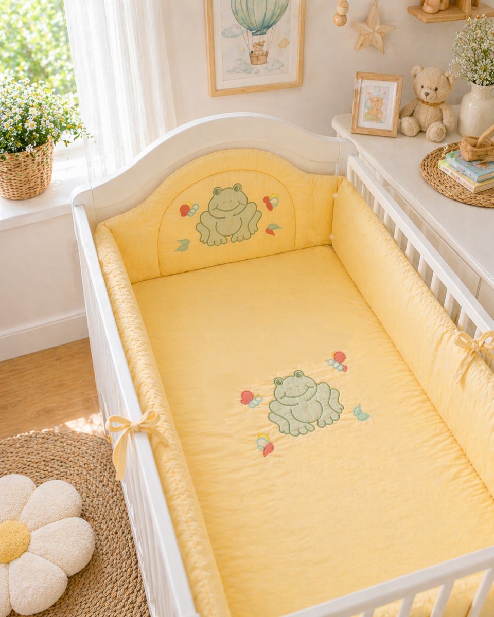 Acolchado Con Chichonera Cuna Con Rana y Mariposas Bordadas