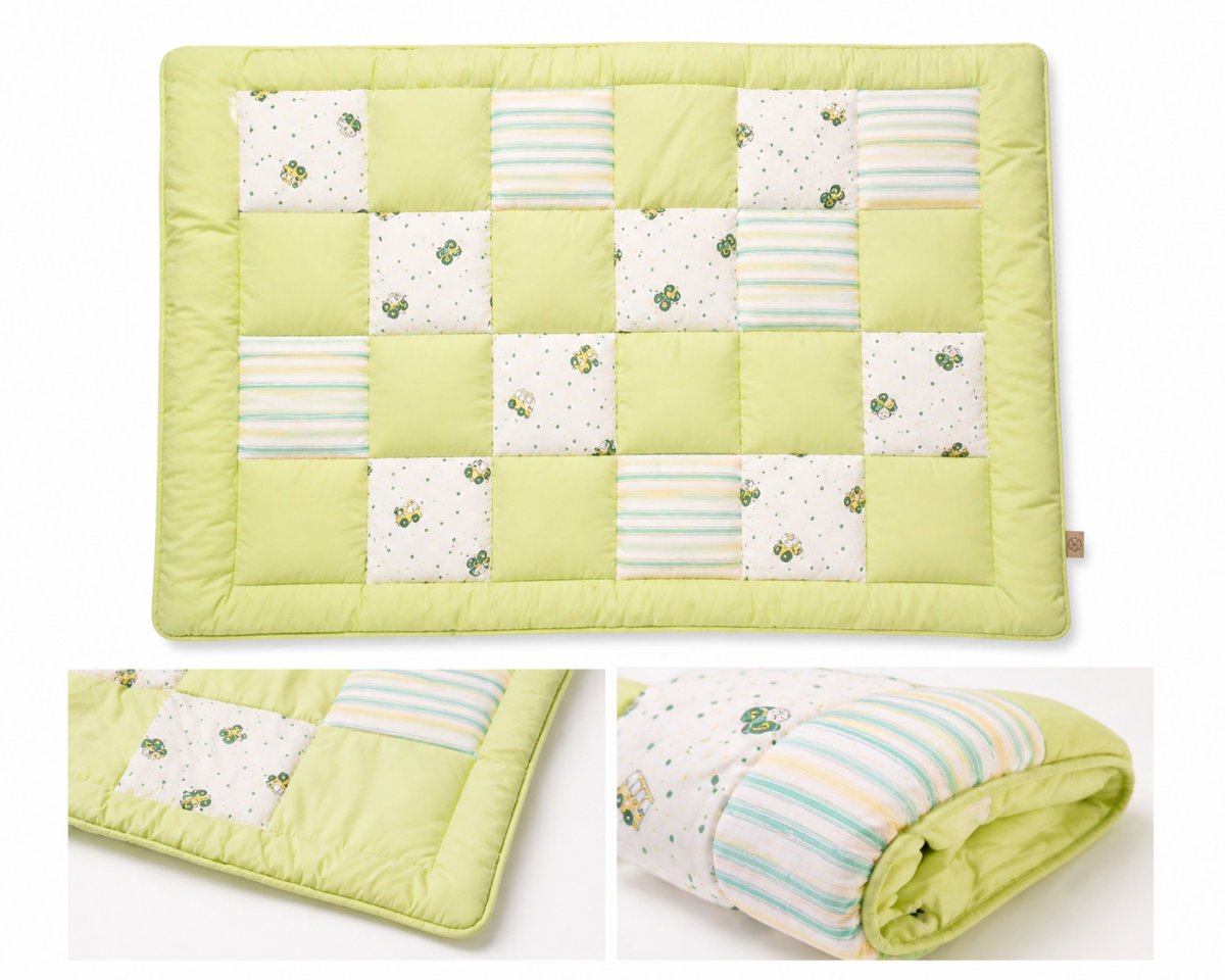 Acolchado Cuna Funcional Chichonera Verde Patchwork Autos Rayado