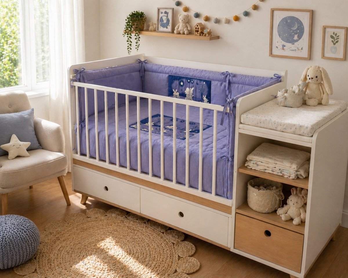 Acolchado Cuna Funcional Simil Jean Bordado