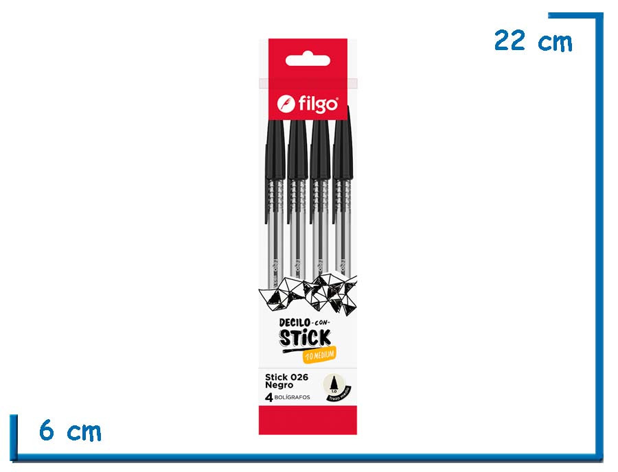 FILGO 4 BOLIGRAFOS STICK 026 NEGRO FLOW PACK DCS 1.0 MEDIUM