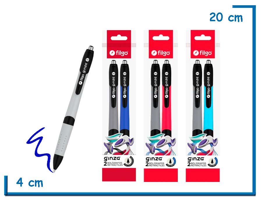 FILGO GINZA 2X BOLIGRAFOS RETRACTILES TINTA AZUL FLOW PACK SURTIDO