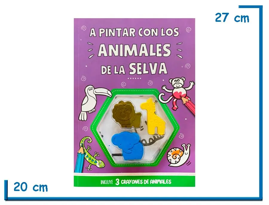 LIBRO A PINTAR CON LOS ANIMALES DE LA SELVA CON CRAYONES CON FORMA
