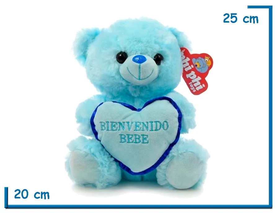 PELUCHE OSO CELESTE CORAZON BIENVENIDO BEBE 25CM