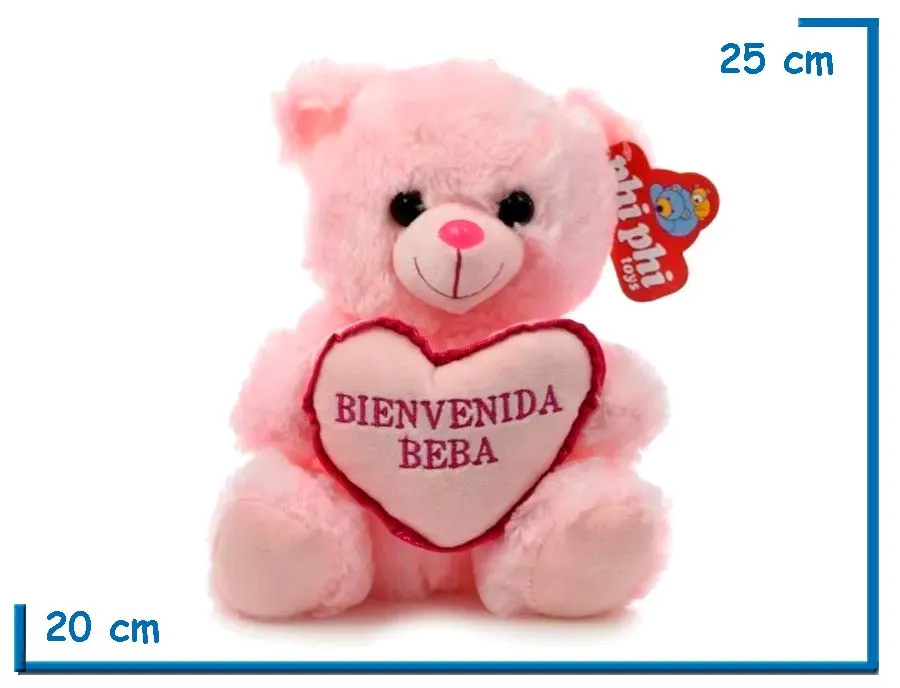 PELUCHE OSO ROSA CORAZON BIENVENIDA BEBA 25CM