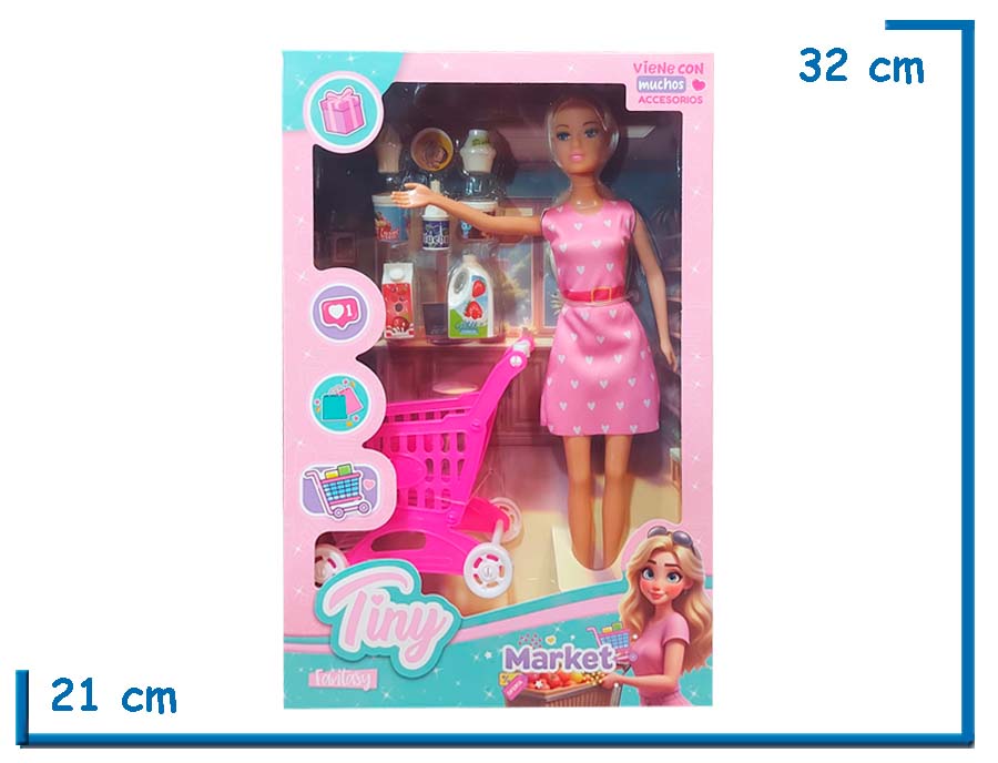TINY FANTASY MUÑECA VESTIDO ROSA CORAZONCITOS CON SUPERMERCADO