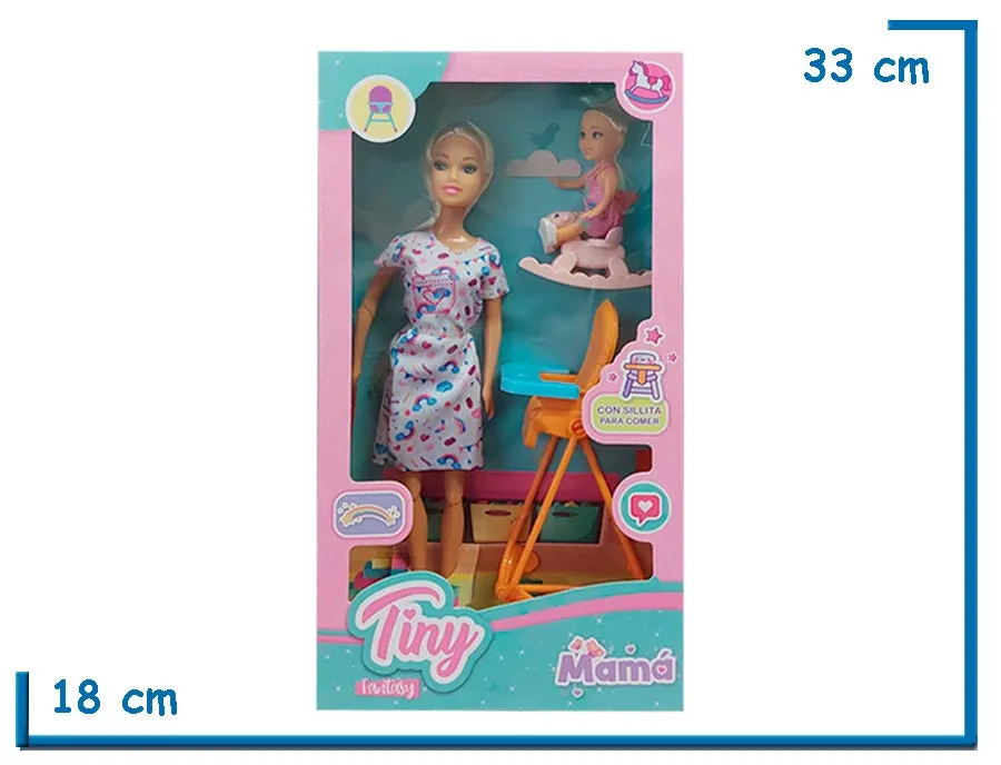 TINY FANTASY MU¥ECA VESTIDO ARCOIRIS MAMA CON SILLITA PARA COMER