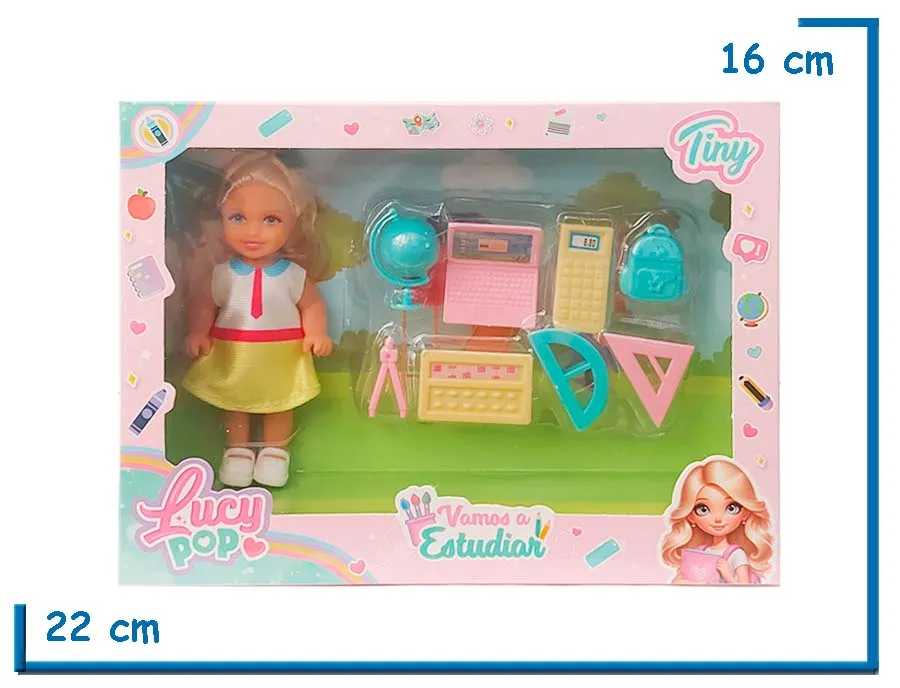 TINY LUCY POP MU¥ECA VESTIDO AMARILLO CON UTILES ESCOLARES