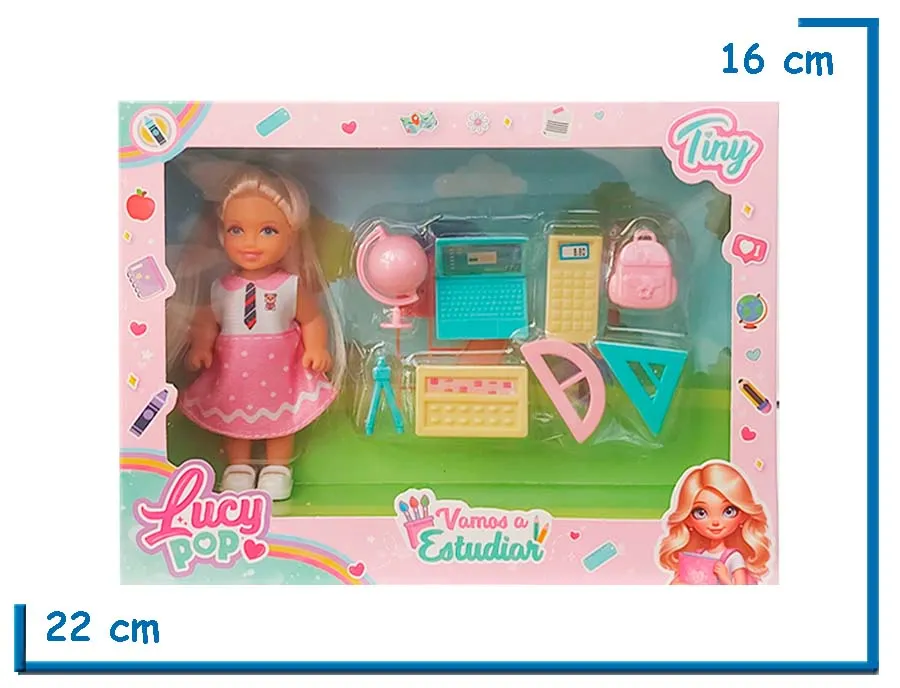 TINY LUCY POP MU¥ECA VESTIDO ROSA CON UTILES ESCOLARES
