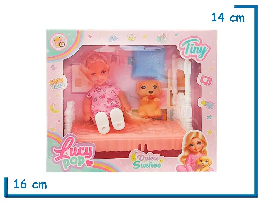 TINY LUCY POP MU¥ECA VESTIDO UNICORNIO CON CAMA Y MASCOTA