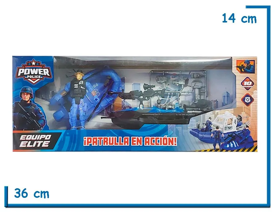 POWER POLICE FIGURA POLICIA CON CANOA Y GOMON EN CAJA