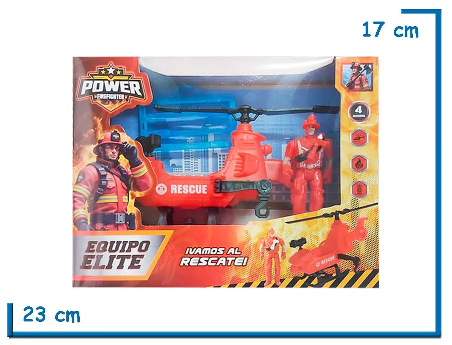 POWER FIREFIGHTER FIGURA BONBERO CON HELICOPTERO EN CAJA