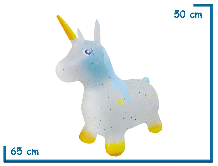 UNICORNIO SALTARIN TRANSPARENTE PELO CELESTE EN BOLSA 65X50X25